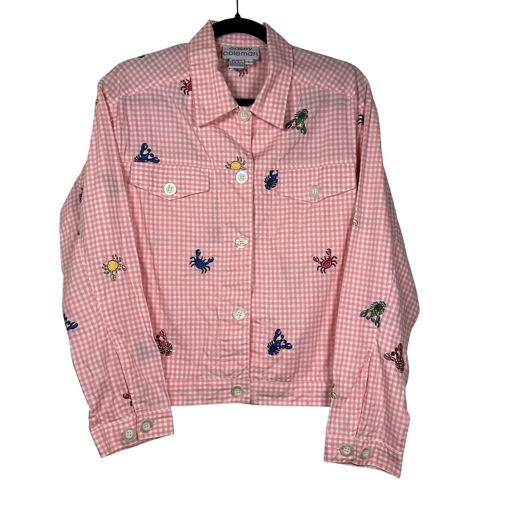 VTG Casey Coleman Shirt Womens L Pink Gingham Crab Lobster Embroidered Coastal